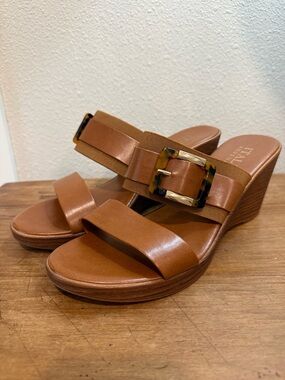 Italian Shoemakers Tan Leather Wedge Slide Sandals with Tortoiseshell Buckle